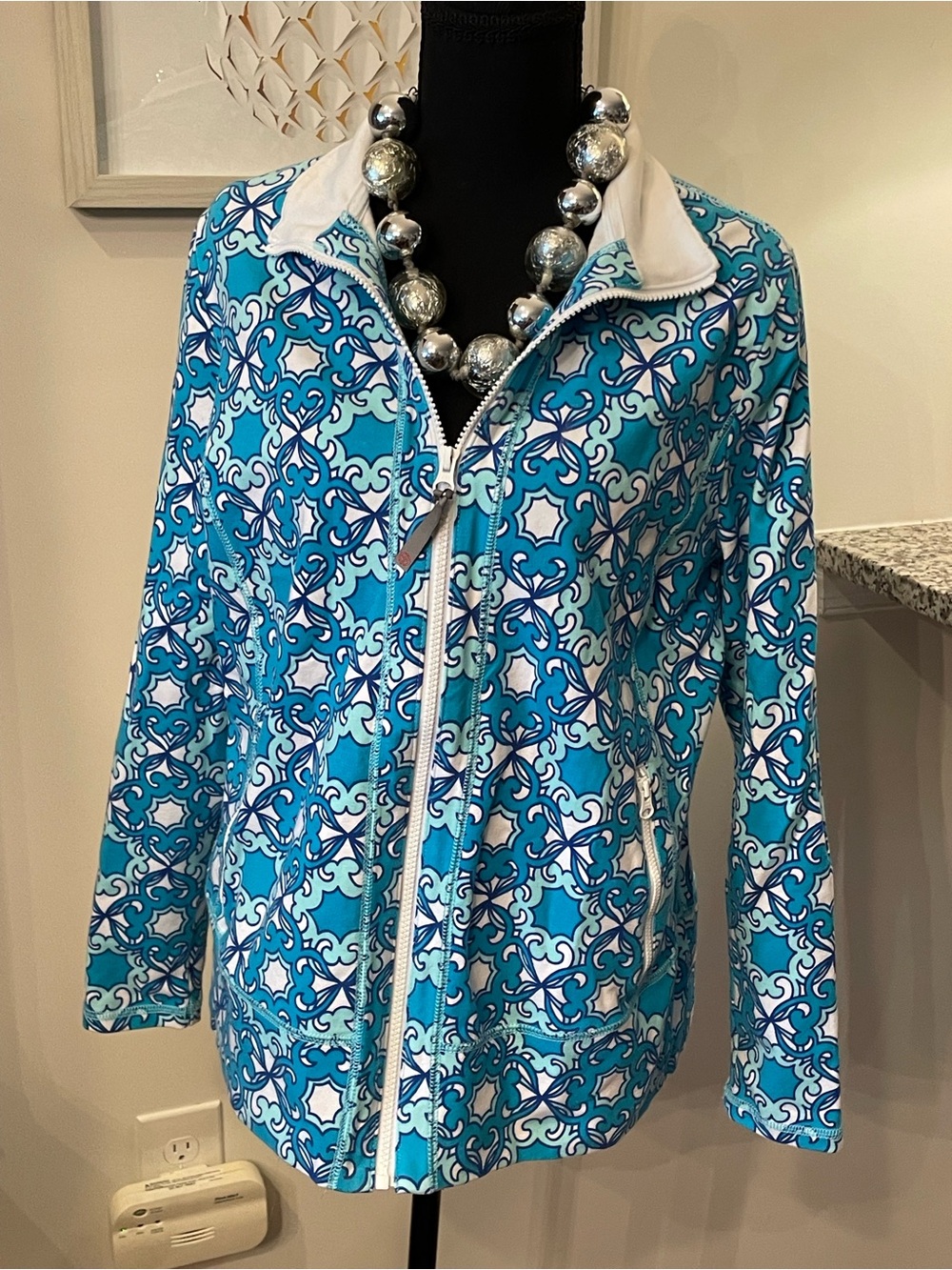 Talbots Blue & White Geometric Full Zip-Up Utility Jacket XL